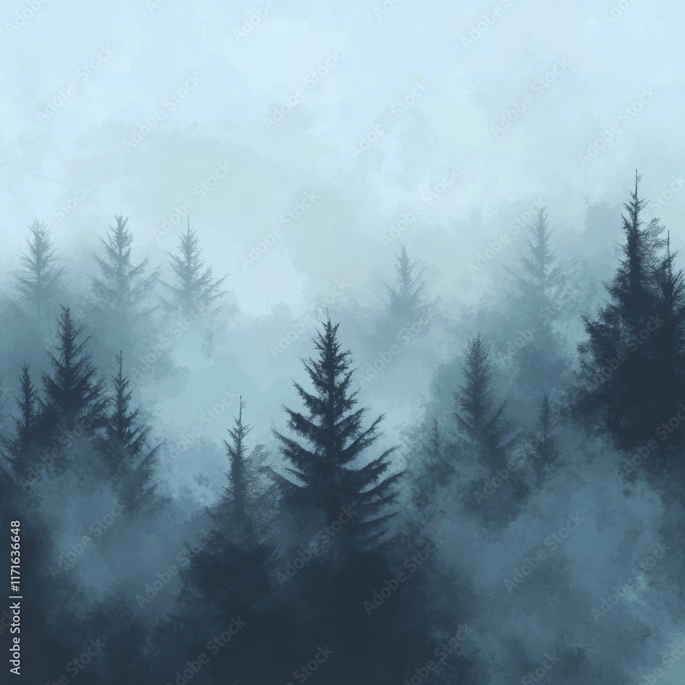 Mystical forest shrouded in mist during early morning light in a tranquil setting Mystical forest shrouded in mist during early morning light in a tranquil setting