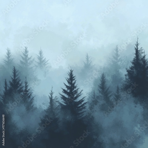 Mystical forest shrouded in mist during early morning light in a tranquil set...