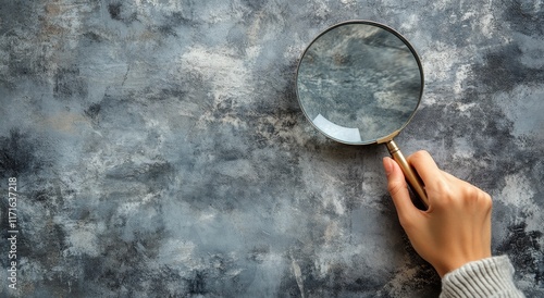 Exploring details with a magnifying glass on a textured blue surface