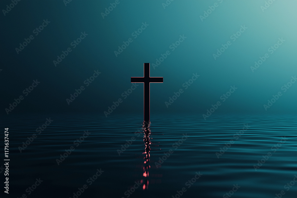 Naklejka premium Kreuz in ruhigem Wasser vor sanftem, blauem Licht