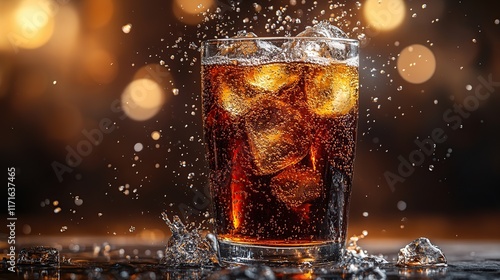 Refreshing cola drink with ice cubes in a glass, splashing water droplets.