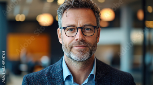 Obraz na płótnie Confident Businessman in Corporate Office Wearing Glasses and Professional Attire w salonie