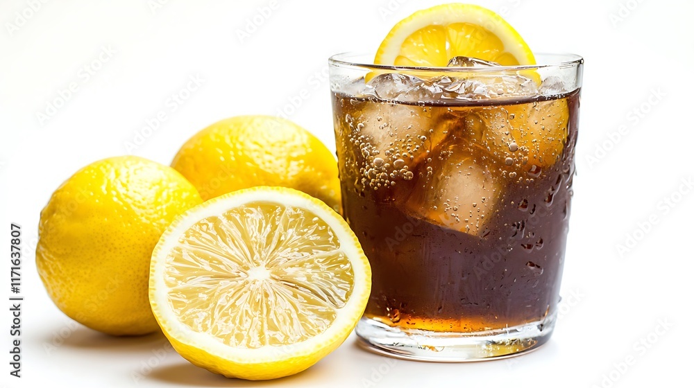Isolated glass of iced tea with lemon slice on top isolated on solid white background. Isolated glass of iced tea with lemon slice on top isolated on solid white background.