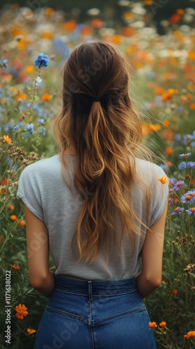 Young woman in a flowing dress enjoying a vibrant flower field during golden ...