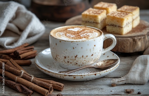 Warm coffee cup on a wooden table beside sweet treats and cinnamon sticks in ...