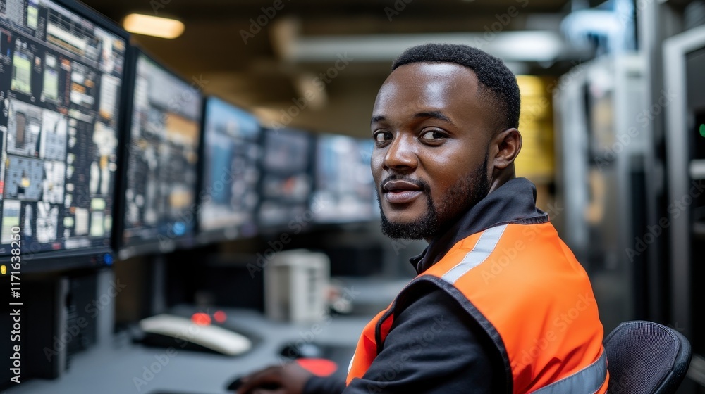 Vigilant Security Officer Monitoring Cargo Movement in Control Room for Safe Logistics Operations Vigilant Security Officer Monitoring Cargo Movement in Control Room for Safe Logistics Operations