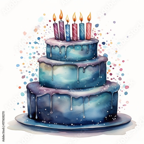 Celebration cake with candles and decorations in shades of purple and pink fo...