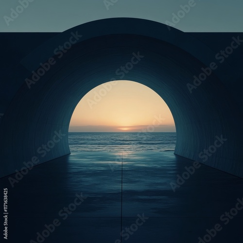 Sunset view through arches overlooking calm ocean waters at seaside location