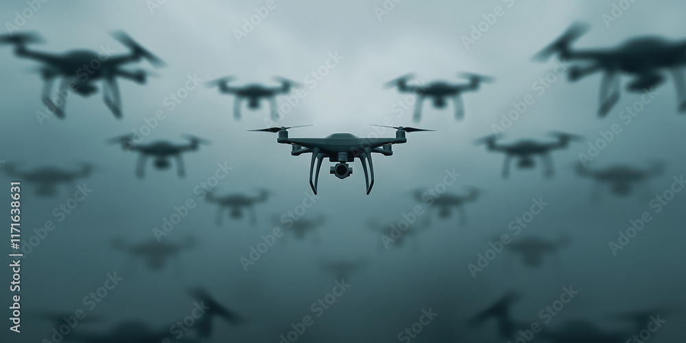Fototapeta premium Many drones against the sky background. Urban innovation, technology, drone for infrastructure