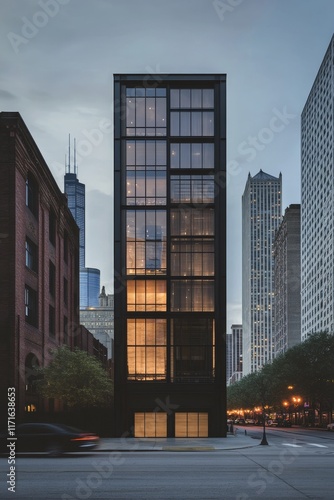 Modern architecture stands tall amidst historic buildings in downtown Chicago...