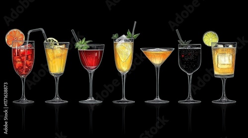 Wallpaper Mural Eight colorful cocktails in stemmed glasses, garnished with fruit and herbs, on a black background. Torontodigital.ca