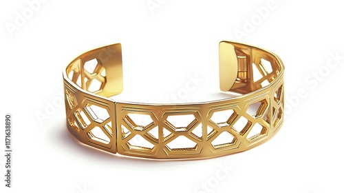 Isolated gold cuff bracelet with geometric design isolated on solid white background.