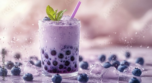 Refreshing blueberry milkshake with mint and ice on a vibrant purple background