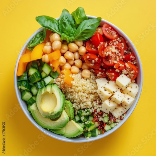Fresh and colorful salad bowl with avocados, tomatoes, chickpeas, and mango
