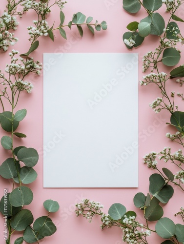 Flowers composition. Paper blank, flowers, eucalyptus branches on pastel. background. Flat lay, top view, copy spaceFlat lay stiil life. photo