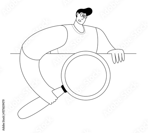 A man with a magnifying glass is looking for something. Vector illustration. Icon for marking pages on the topic of searching for the necessary information. Linear style