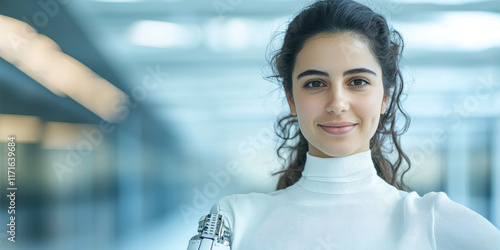 Young smiling female office manager with a prosthetic bionic arm. Modern medical technologies, prosthetics photo