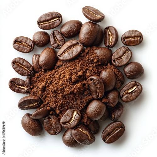 Rich coffee beans and ground coffee scattered on a white surface
