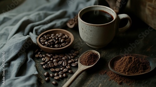 Delicate arrangement of coffee beans, powder, and a cup on a dark surface in ...