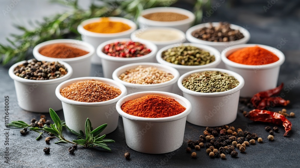 Assortment of various spices in small white bowls on dark background. Assortment of various spices in small white bowls on dark background.