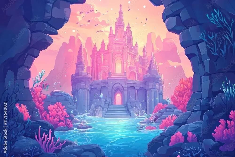 An underwater castle scene with coral reefs and a pink sky An underwater castle scene with coral reefs and a pink sky