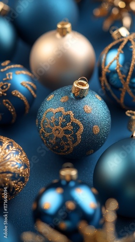 Elegant blue and gold Christmas ornaments arranged on a festive blue background