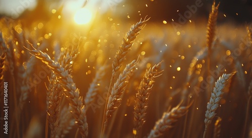 Wheat field glistening in the golden sunlight during a tranquil sunset in the...