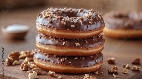 Delicious stacked donuts topped with chocolate and nuts at a cozy bakery setting