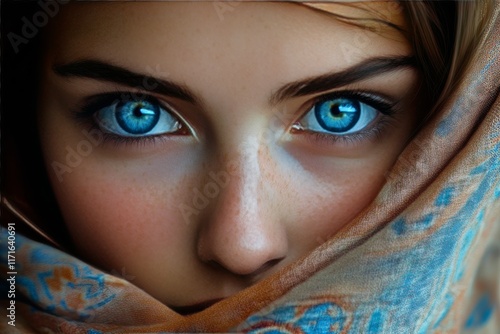 Portrait of a woman with blue eyes wearing a stylish scarf against a dark bac...