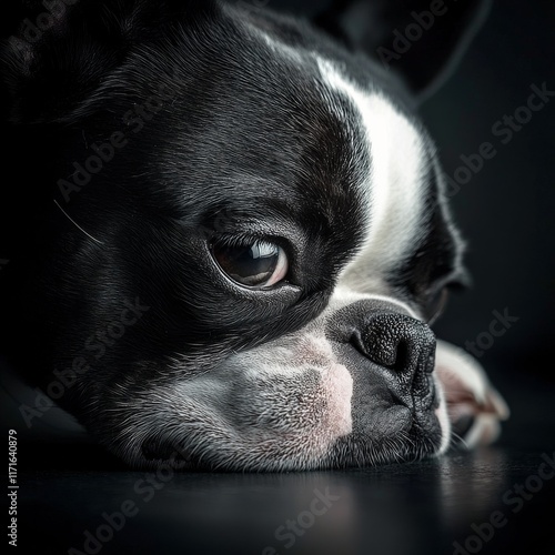 Close-up of a black and white dog gazing thoughtfully in soft light against a...