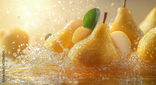 Fresh yellow pears splashing in water with green leaves creating an artistic ...