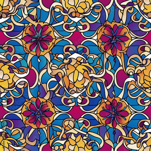 Colorful floral pattern featuring intertwining vines and bold flowers against a vibrant background. photo