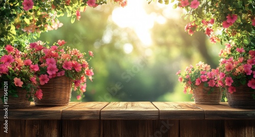 Bright garden flowers enhance outdoor space with sunlight filtering through t...