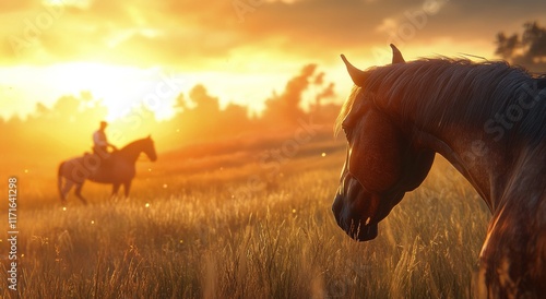 Horses in a golden sunset field with a rider enjoying nature's beauty