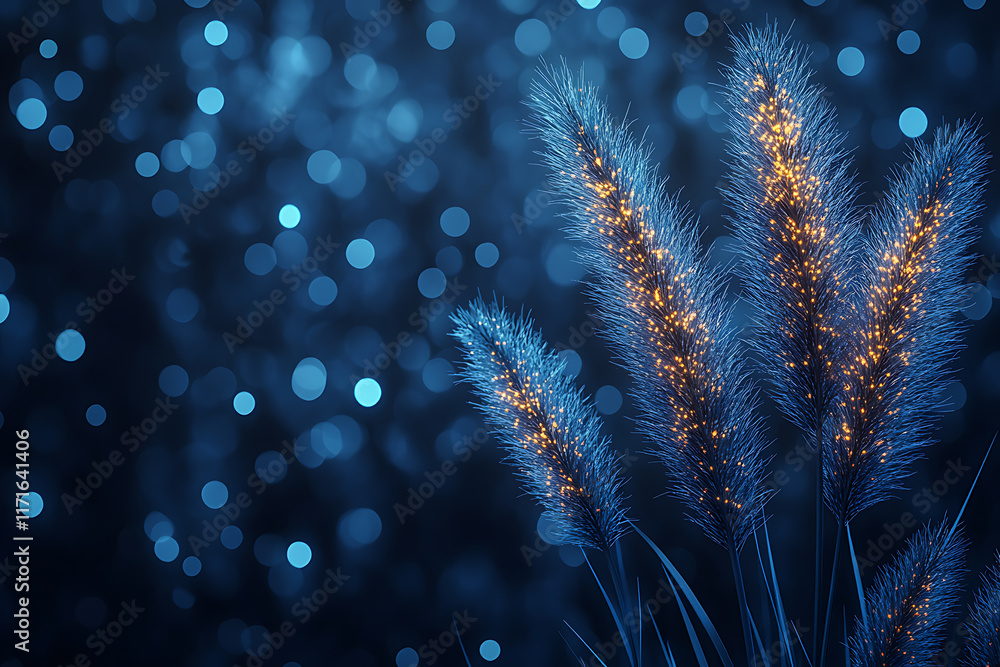 Obraz premium Glowing wireframe pampas grass plumes on a transparent background, highlighted by a combination of blue and black data points
