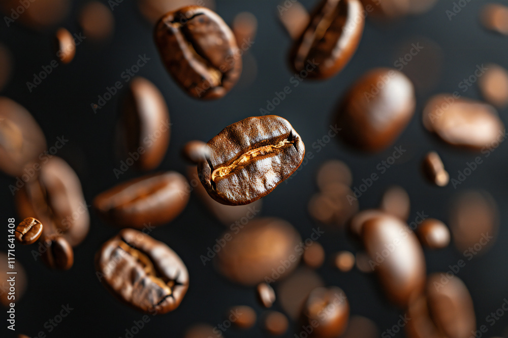 Dynamic Coffee Splash with Flying Coffee Beans and Droplets in a High-Speed Coffee Action Shot on a Dark Background Dynamic Coffee Splash with Flying Coffee Beans and Droplets in a High-Speed Coffee Action Shot on a Dark Background