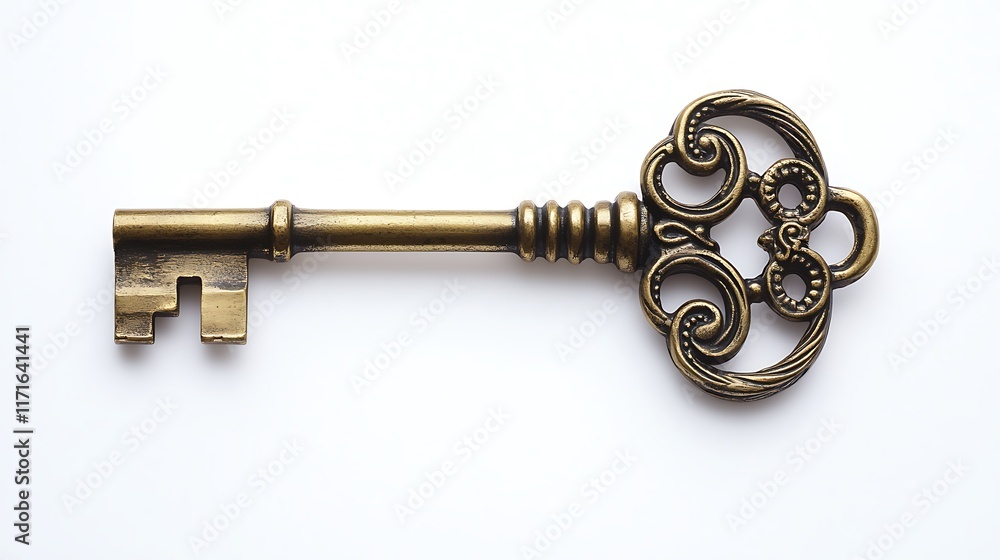 Isolated intricate brass key with an ornate handle, placed on a solid white background. Isolated intricate brass key with an ornate handle, placed on a solid white background.