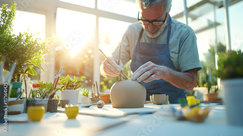 longevity lifestyle vitality concept. Skilled artisan crafting pottery in a sunlit studio, surrounded by plants and creative tools.