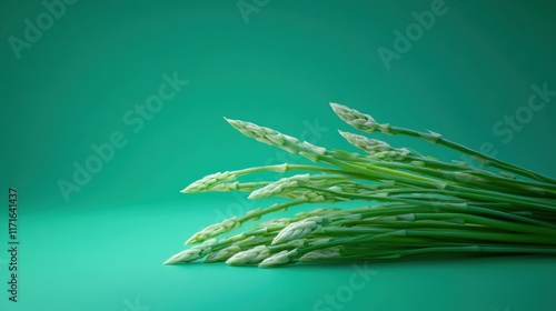 Bunch of fresh asparagus on vivid green background. Ingredient for preparing delicious vegetarian salad. Food concept. Fresh spring vegetables. Edible sprouts of asparagus rich in vitamins, folic aci photo