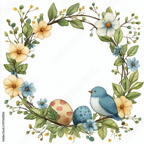 Colorful watercolor Easter eggs surrounded by spring flowers in a vibrant gar...