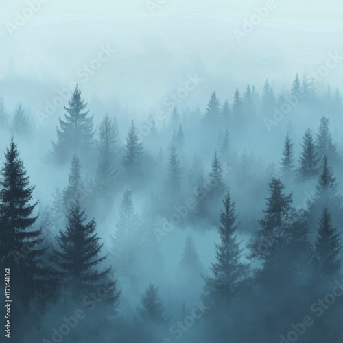 Mystical forest shrouded in mist during early morning light in a tranquil set...
