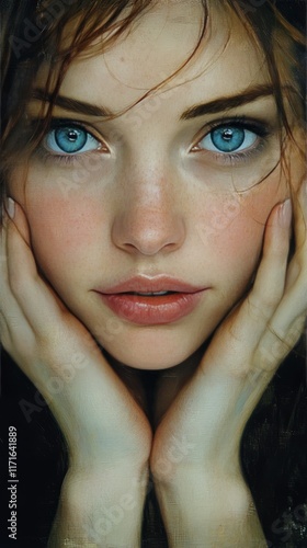 Captivating portrait of a young woman with striking blue eyes framed by a rus...