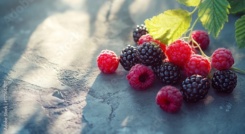 Freshly picked blackberries and raspberries on a stone surface under soft sun...
