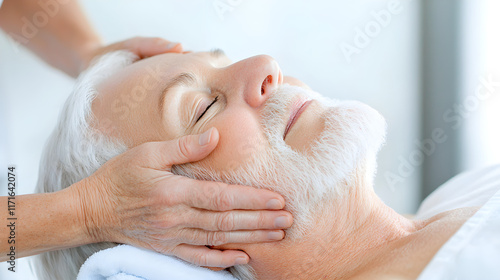 longevity lifestyle vitality concept. Relaxing facial massage on an older man in a spa setting.