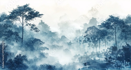 Dense evergreen forest enveloped in mist during early morning hours in a sere...