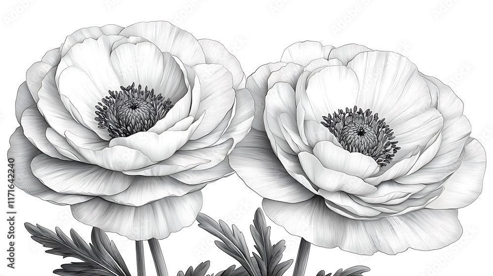 Two grayscale poppy flowers with detailed petals and leaves. Two grayscale poppy flowers with detailed petals and leaves.