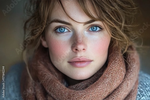 Portrait of a woman with blue eyes wearing a stylish scarf against a dark bac...