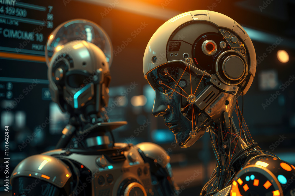 Fototapeta premium Futuristic humanoid robots with intricate designs in high tech environment, showcasing advanced technology and innovation. scene is illuminated with warm lighting, highlighting robots features