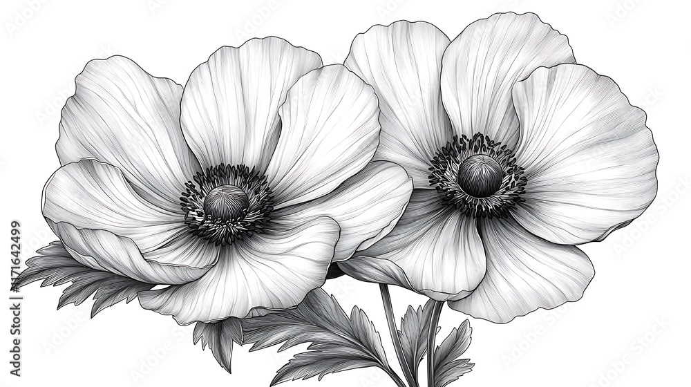 Two detailed monochrome anemone flowers, sketched with delicate lines and shading. Two detailed monochrome anemone flowers, sketched with delicate lines and shading.