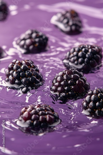 Fresh blackberries floating in vibrant purple water against a smooth background